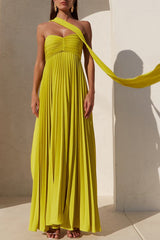 Pure color strapless pressed pleated dress