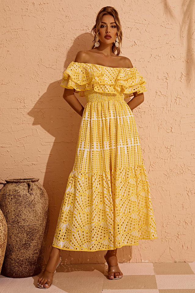 Ruffled off-the-shoulder embroidered dress