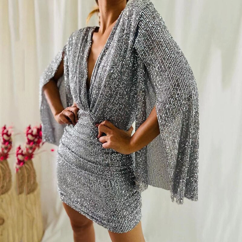 Selfyy Sexy Deep V-neck Solid Mini Dress Women Elegant Batwing Sleeve Split Bodycon Dress Selfyy Sexy Deep V-neck Solid Mini Dress Women Elegant Batwing Sleeve Split Bodycon Dress