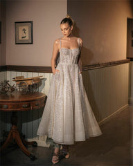 Sequined Shoulder Spaghetti Straps A-Line Knee-Length Glitter Evening Dress