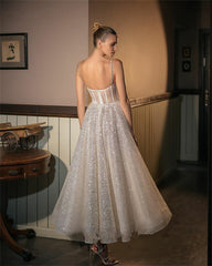 Sequined Shoulder Spaghetti Straps A-Line Knee-Length Glitter Evening Dress