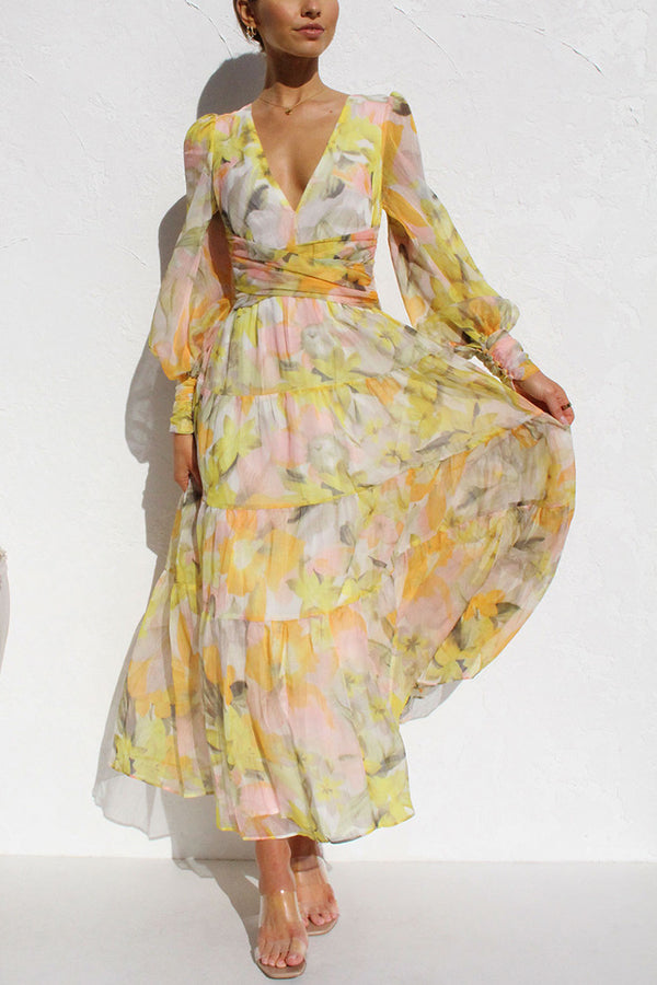 Abstract Floral Balloon Sleeves Maxi Dress
