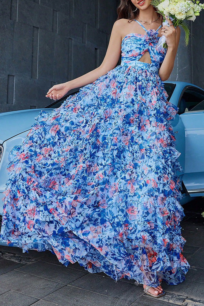 Halter neck printed butterfly hollow holiday style long skirt