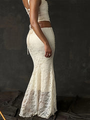Floral Pattern Contrast Lace Mermaid Skirt, Vintage Slim High Waist Maxi Skirt For Spring & Summer