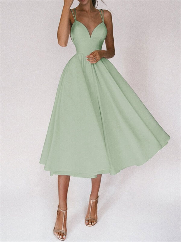 A-Line Ruffles V-neck Sleeveless Satin Tea-Length Dress