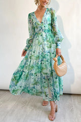Abstract Floral Balloon Sleeves Maxi Dress