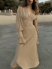 Solid V-Neck Lantern Sleeve Midi Dress