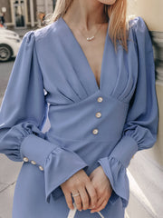 Solid V-Neck Lantern Sleeve Midi Dress