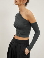 Asymmetric Sleeve Ruched Crop Shirt