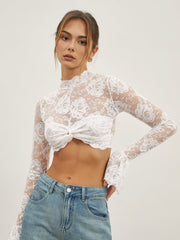 Rose Lace Mesh Mock Neck Crop Top