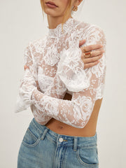 Rose Lace Mesh Mock Neck Crop Top