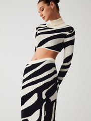 Zebra Print Mock Neck Crop Top Two Piece Skirt Set