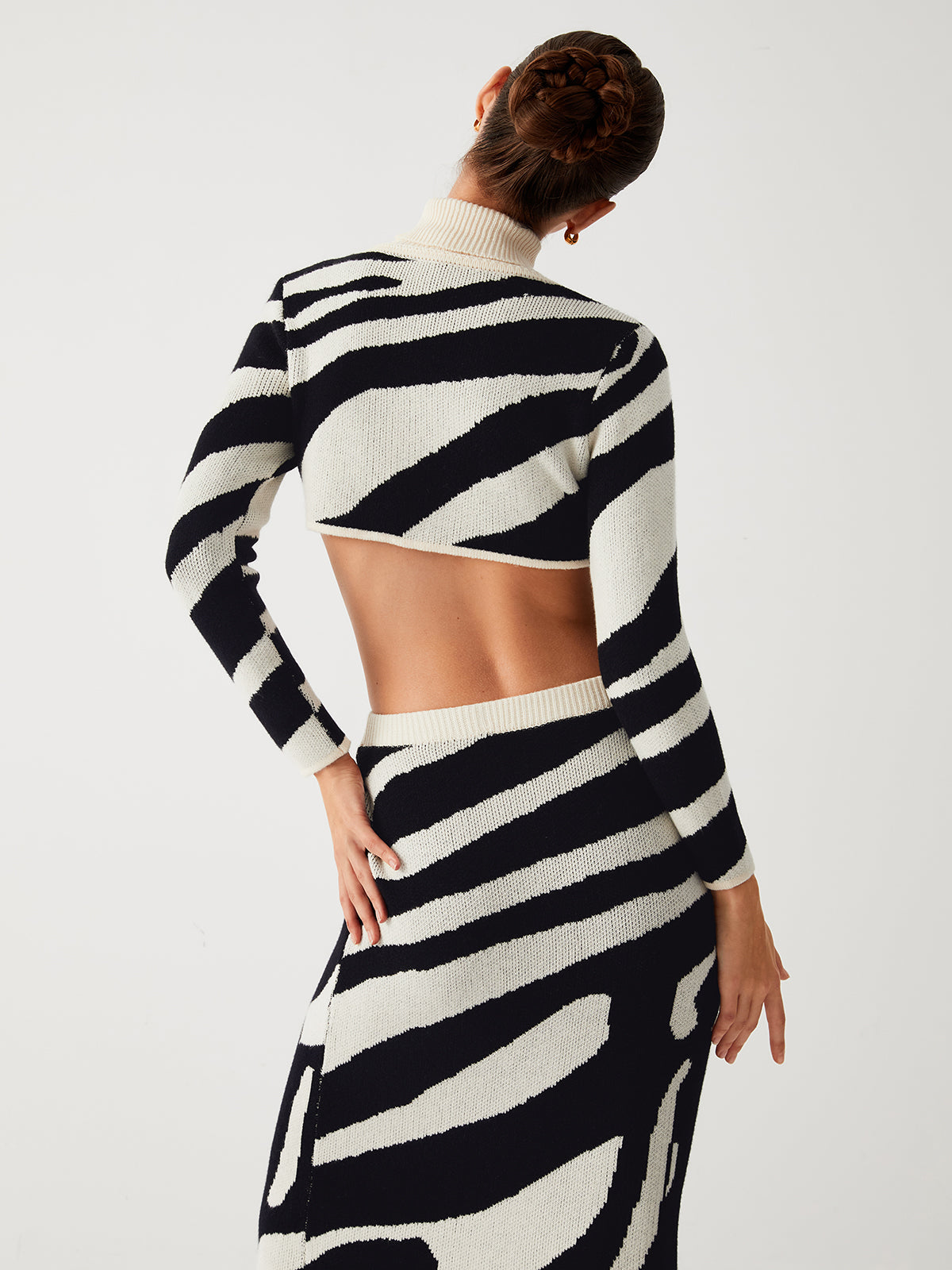 Zebra Print Mock Neck Crop Top Two Piece Skirt Set