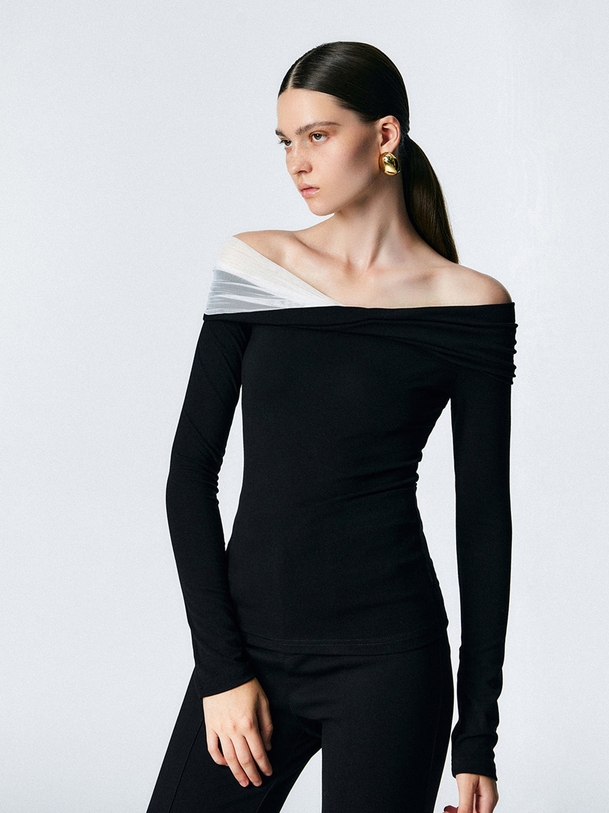 Asymmetric Off Shoulder Long Sleeve Mesh Top