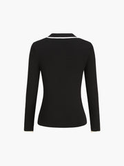 Contrast Trim Open Collar Long Sleeve Knit Top