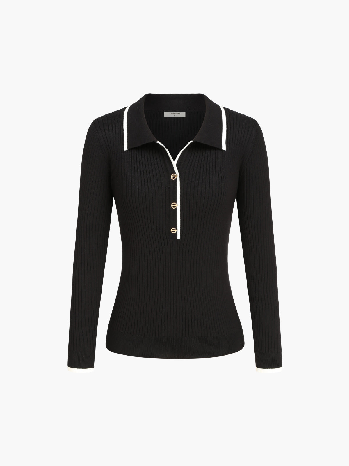 Contrast Trim Open Collar Long Sleeve Knit Top