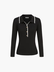 Contrast Trim Open Collar Long Sleeve Knit Top