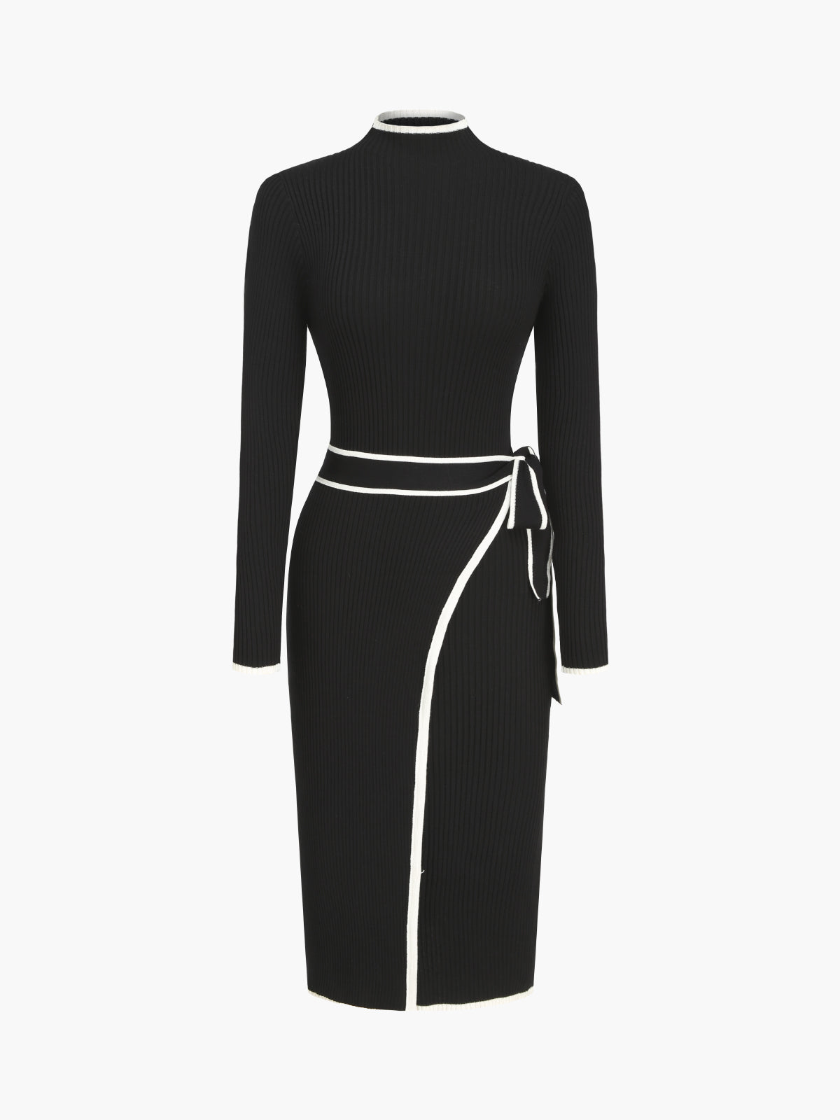 Contrast Trim Tie Front Mock Neck Long Sleeve Midi Sweater Dress