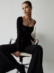 Square Neck Long Sleeve Flare Jumpsuit