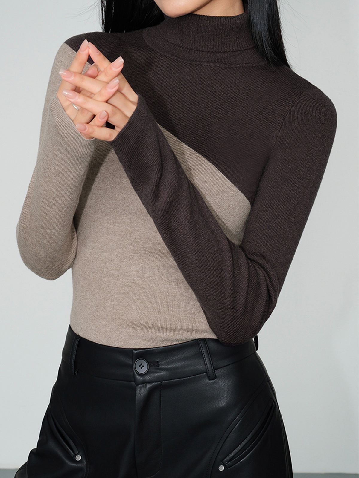 Asymmetric Patchwork Long Sleeve Mock Neck Knit Top