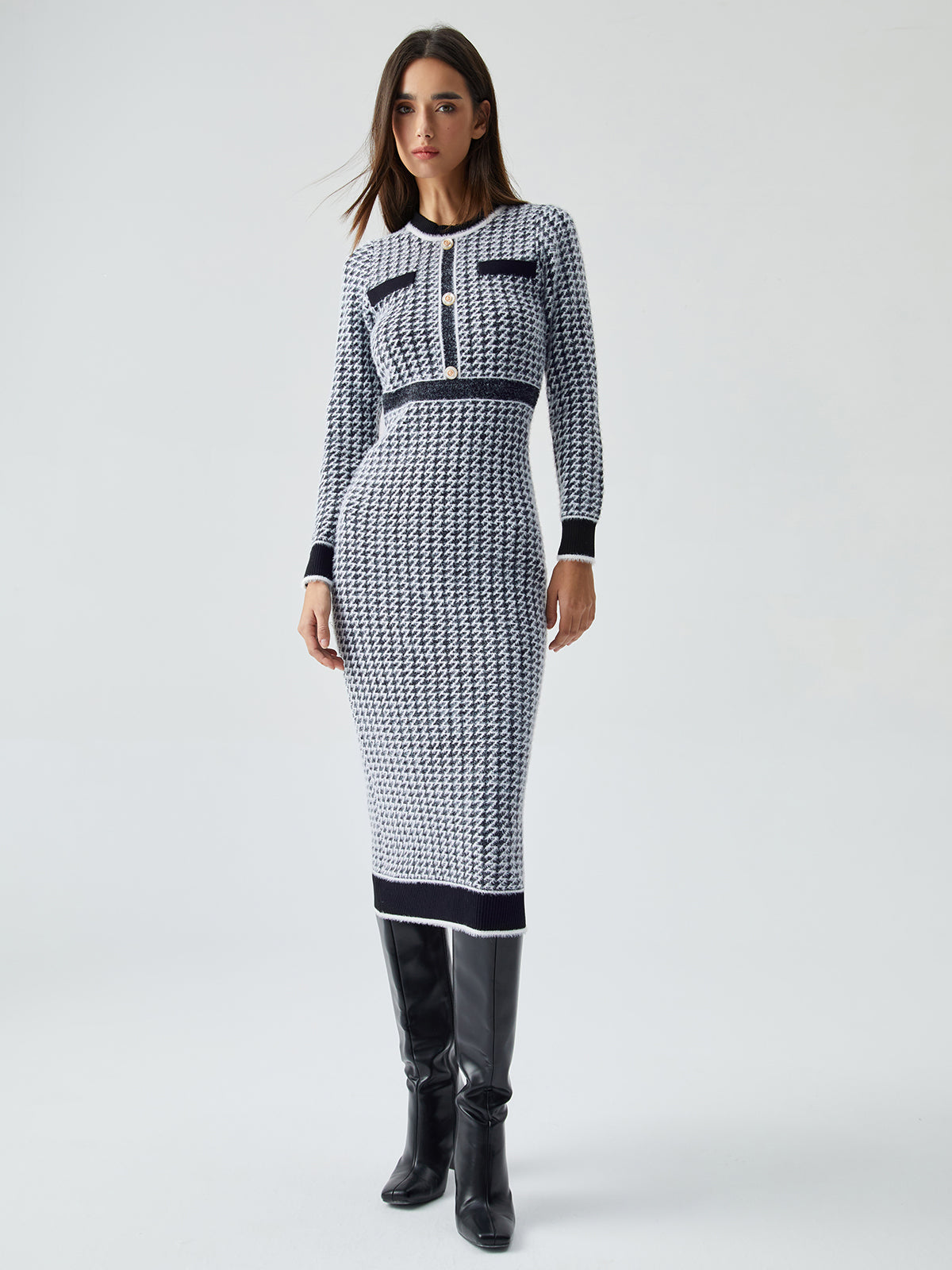 Contrast Trim Herringbone Bodycon Sweater Midi Dress