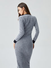 Contrast Trim Herringbone Bodycon Sweater Midi Dress