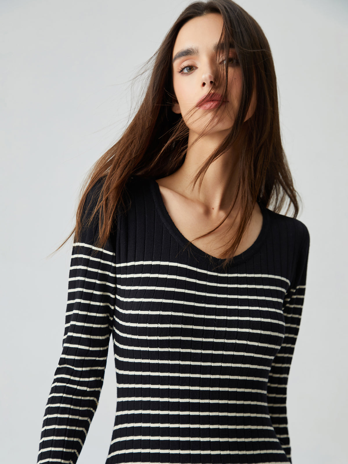 Contrast Trim Striped Crew Neck Knit Sweater Dress