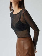 Crew Neck Sequined Long Sleeve Mesh Shirt