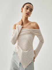 Asymmetric Overfold Off Shoulder Ribbed Knit Long Sleeve Shirt