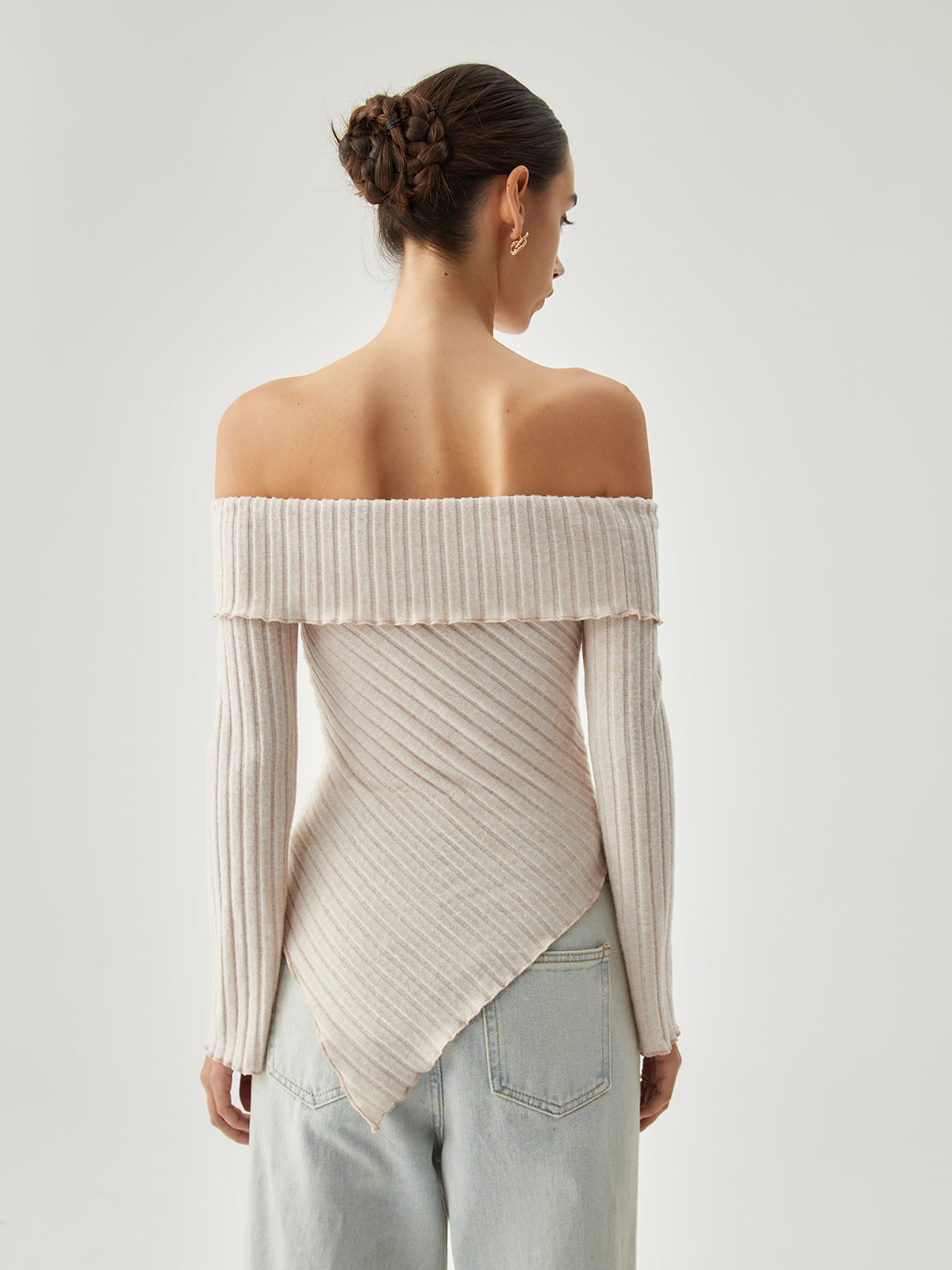 Asymmetric Overfold Off Shoulder Ribbed Knit Long Sleeve Shirt