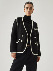 Contrast Trim Tweed Button Detail Wool Coat