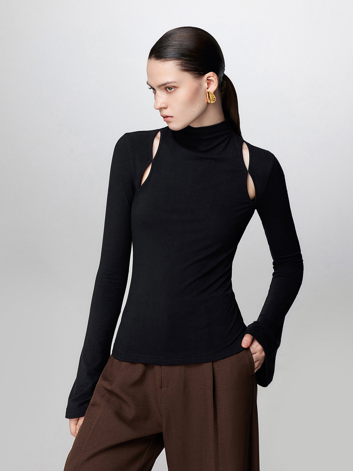 Mock Neck Cutout Long Sleeve Shirt