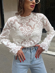 Lace Embroidery Floral Mock Neck Blouse