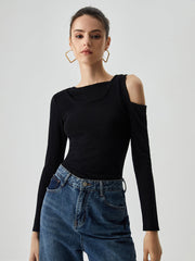 Asymmetrical Shoulder Cut Out Long Sleeve Solid Top