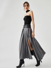 Pleated Split Maxi Skirt Without Belt