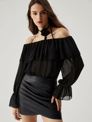 Chiffon Semi-sheer Ruffled Trim Off Shoulder Halter Blouse