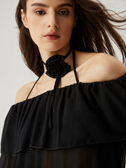 Chiffon Semi-sheer Ruffled Trim Off Shoulder Halter Blouse