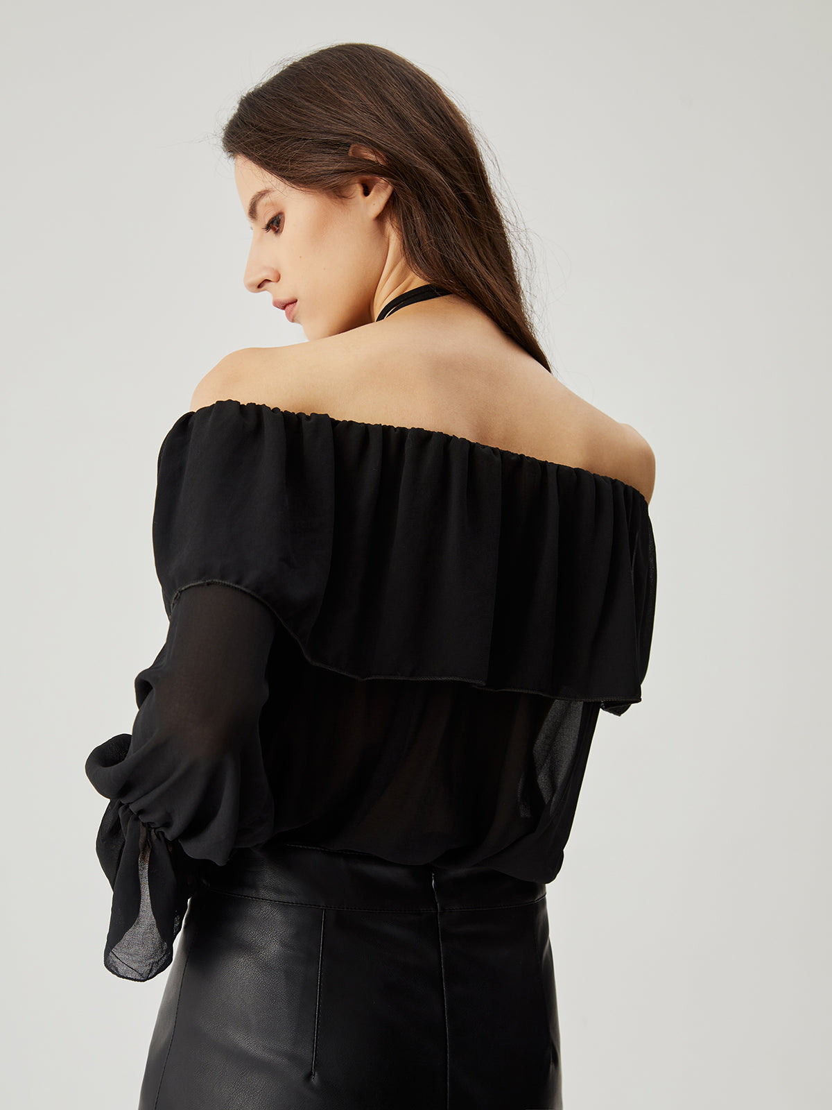 Chiffon Semi-sheer Ruffled Trim Off Shoulder Halter Blouse