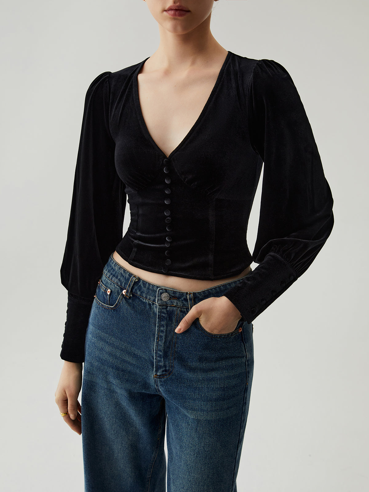 Velvet Buttoned V-neck Long Sleeve Crop Top