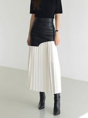 Asymmetric Patchwork Faux Leather Chiffon Pleated Midi Skirt