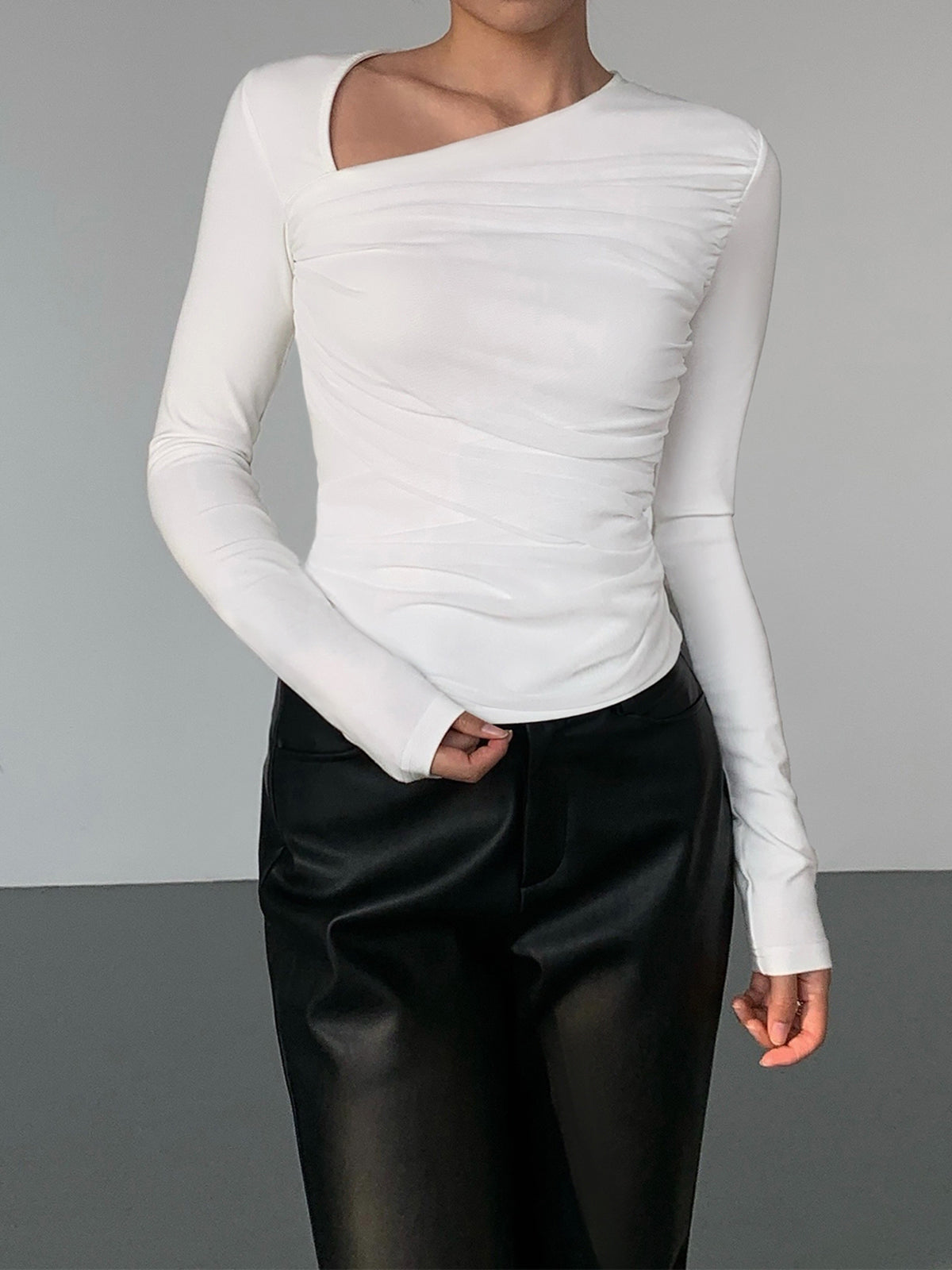 Asymmetrical Patchwork Ribbed Knit Ruched Mesh Top