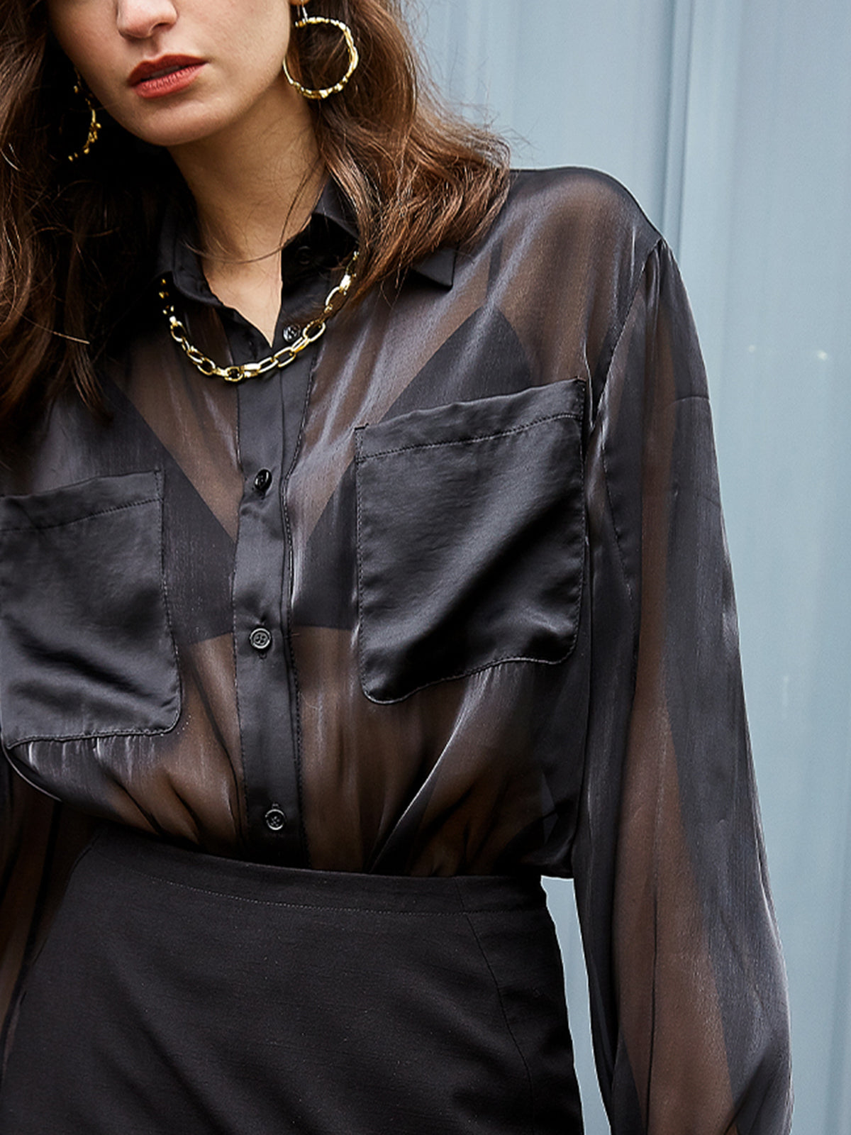 See Through Pocket Long Sleeve Collar Shirt