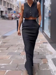 Pinstripe Button Crop Two Pieces Skirt Set