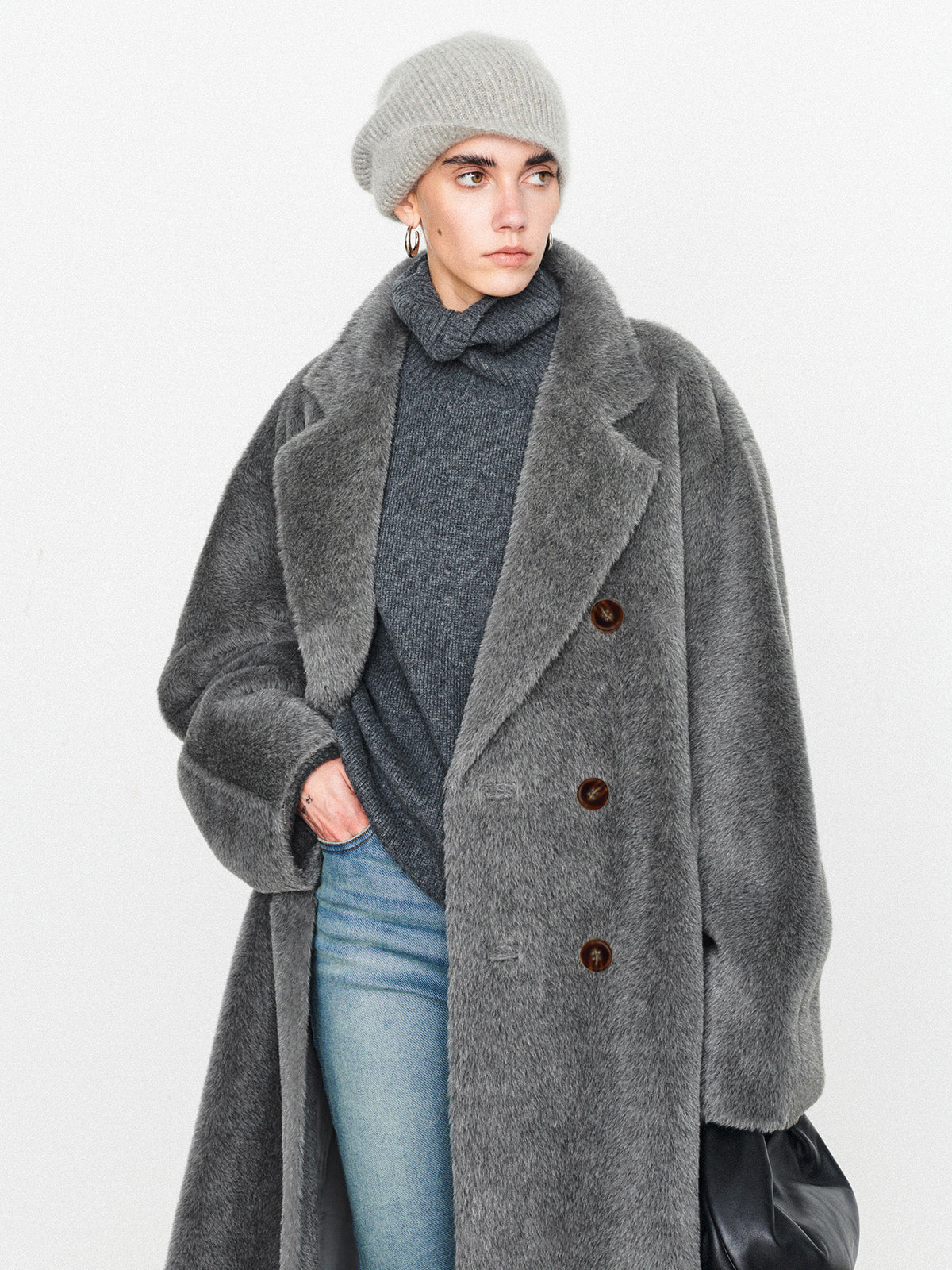 Fuzzy Solid Oversized Pocket Collar Coat