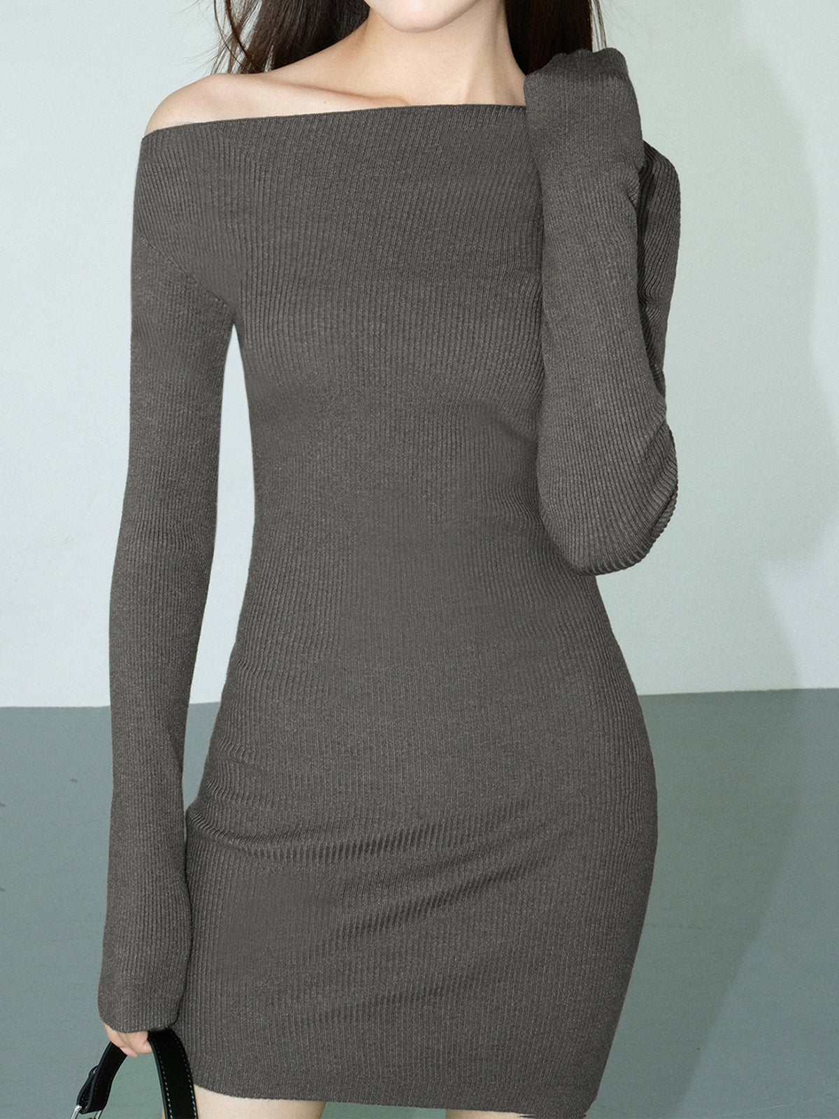 Bodycon Asymmetrical Neck Long Sleeve Knit Mini Dress