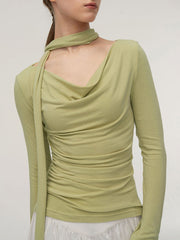 Solid Side Pleated Cowl Neck Shirt