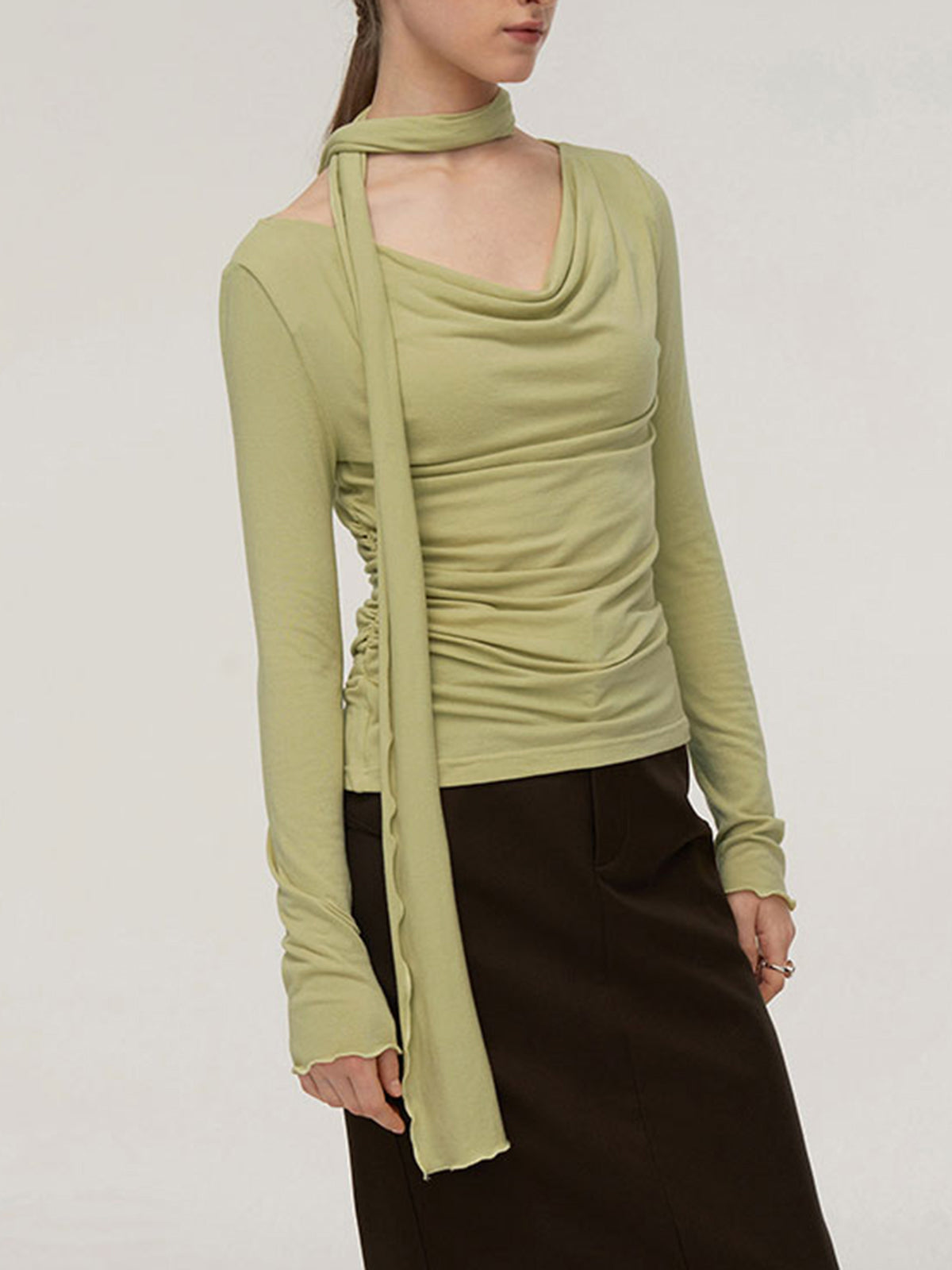 Solid Side Pleated Cowl Neck Shirt