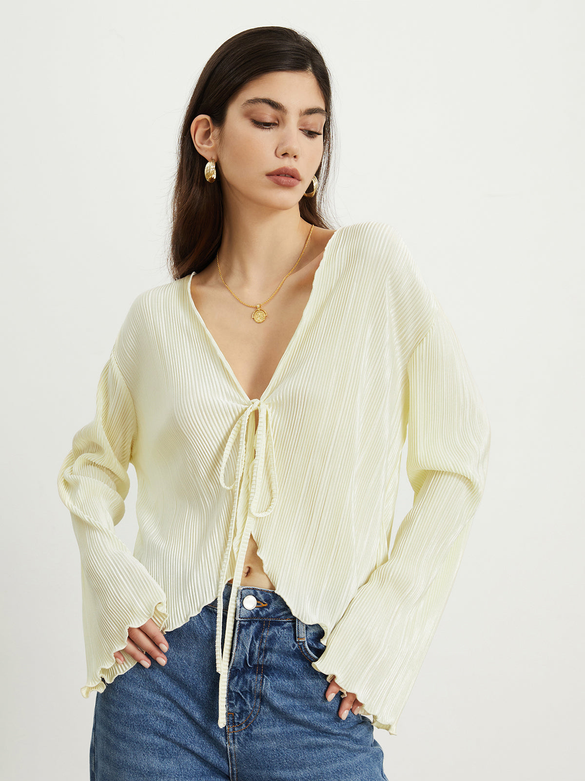 Textured Ruffle Trim Tied Blouse