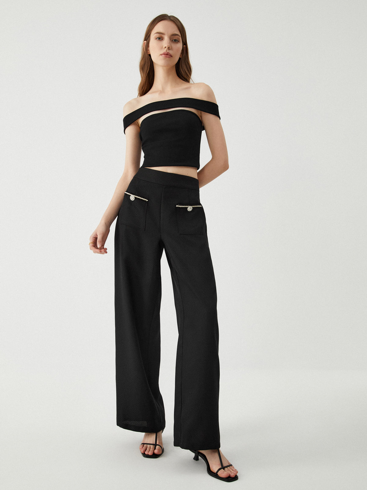 Contrast Trim Pocket Wide Leg Pants