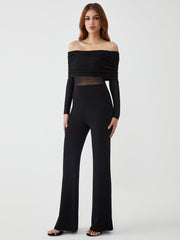 Overfold Off-Shoulder Mesh Long Sleeve Jumpsuit